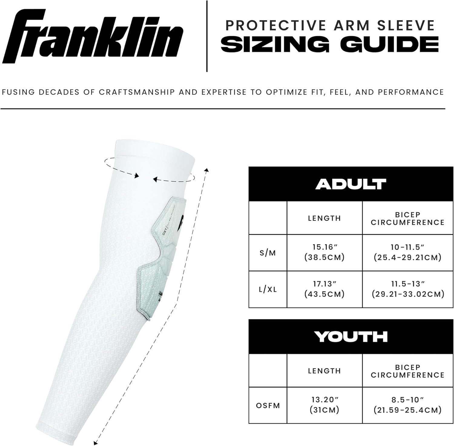 image:imageFranklin Sports Baseball Softball Protective Arm Sleeve PRT DST Series Adult Arm Elbow Shield for Batting Fielding Right Arm Left Arm Black SMWhite