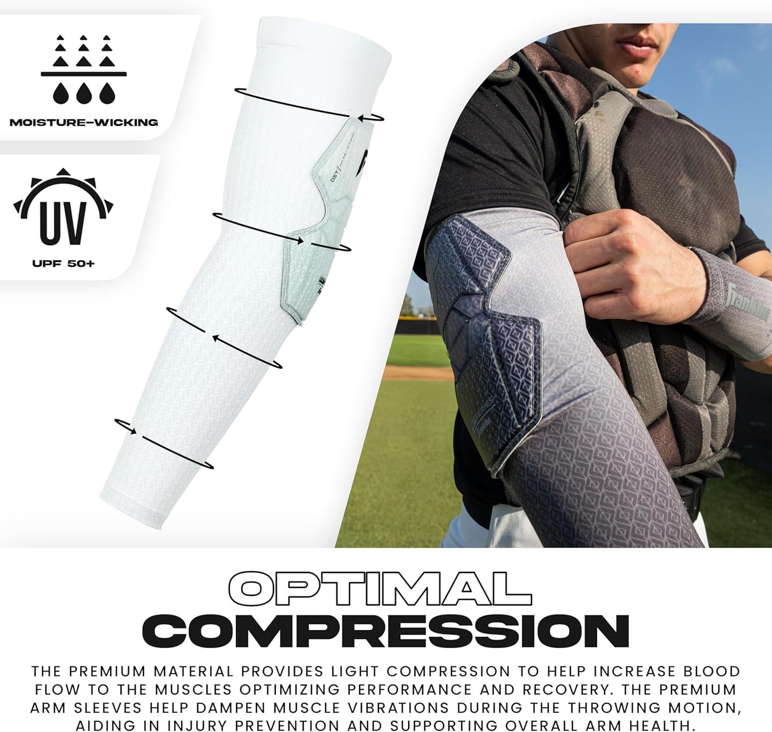 image:imageFranklin Sports Baseball Softball Protective Arm Sleeve PRT DST Series Adult Arm Elbow Shield for Batting Fielding Right Arm Left Arm Black SMWhite