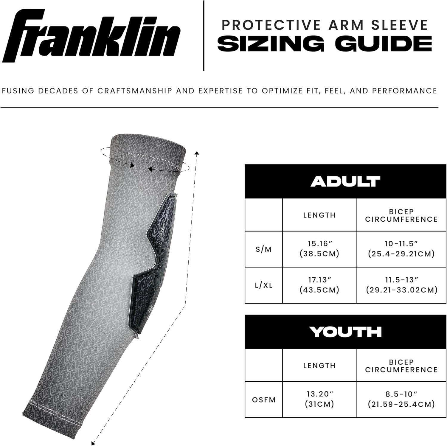 image:imageFranklin Sports Baseball Softball Protective Arm Sleeve PRT DST Series Youth Arm Elbow Shield for Batting Fielding Protective Arm Sleeve Elbow Shield Right Arm Left Arm White OSFMBlack