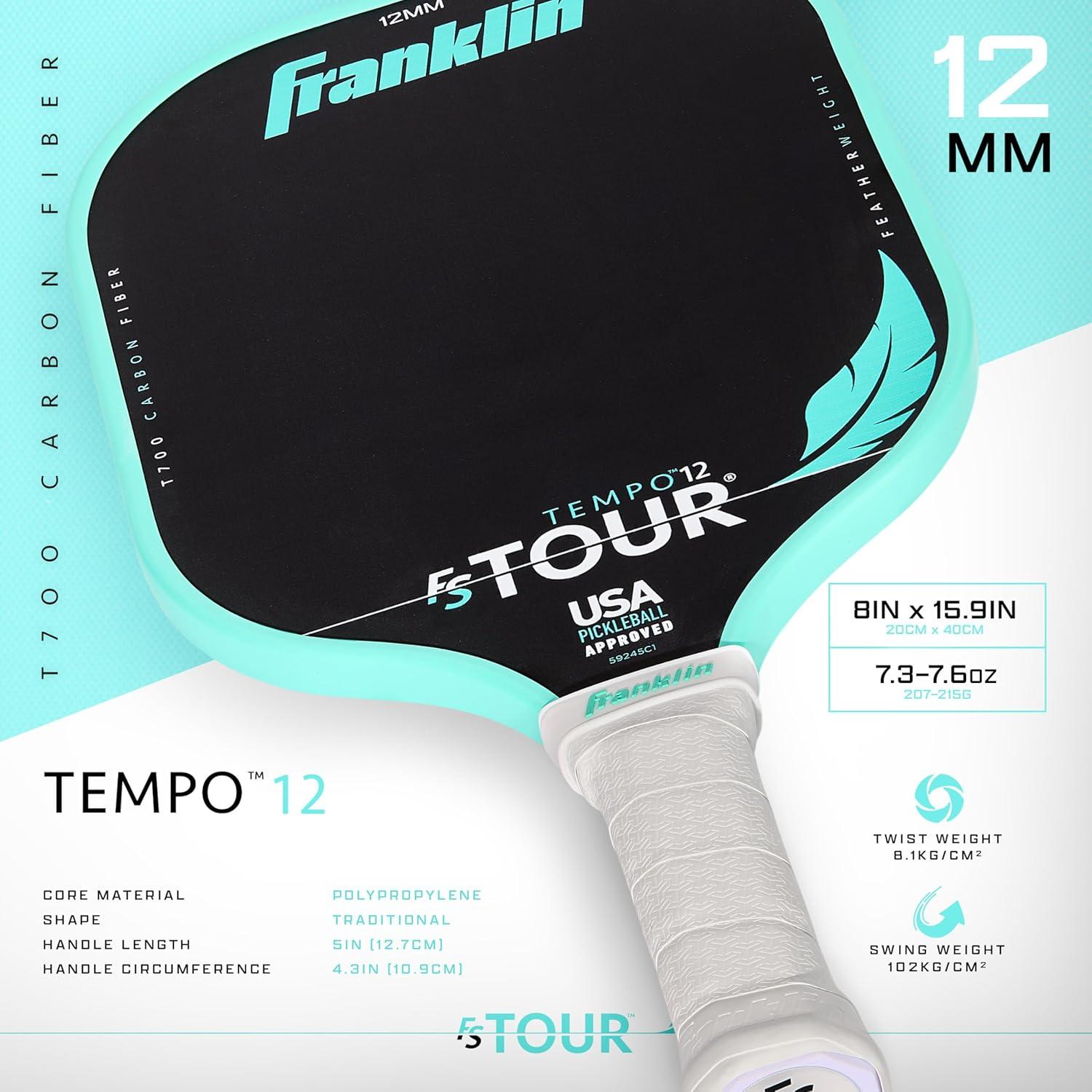 image:imageFranklin Sports Pro Pickleball Paddles FS Tour Featherweight Series Lightweight Paddles USA Pickleball Approved Raw Carbon Fiber Surface Dynasty Tempo 12mm CoreBlackWhiteTeal