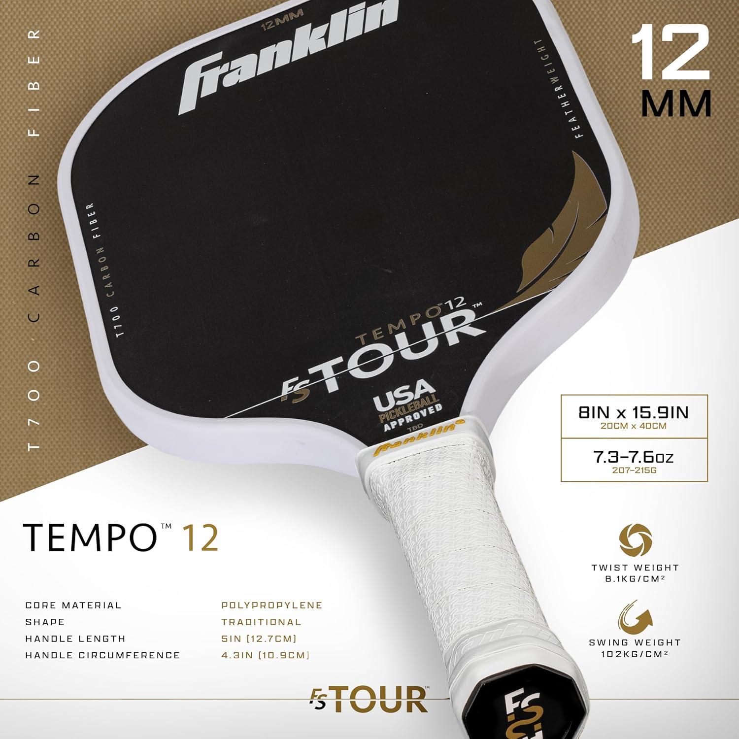image:imageFranklin Sports Pro Pickleball Paddles FS Tour Featherweight Series Lightweight Paddles USA Pickleball Approved Raw Carbon Fiber Surface Dynasty Tempo 12mm CoreTempo White