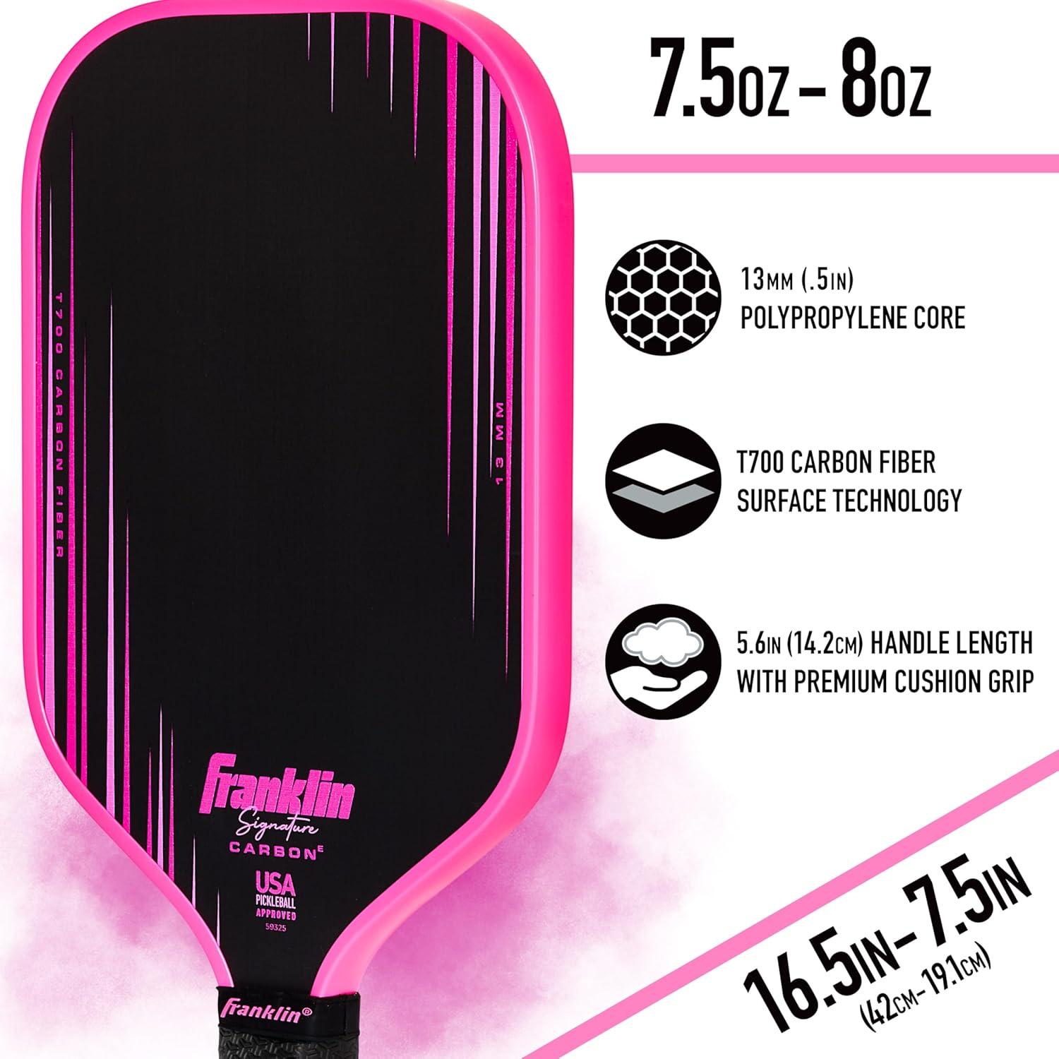 image:imageFranklin Sports Pro Pickleball Paddles Signature Carbon Series T700 Carbon Fiber Surface USA Pickleball USAPA Tournament Approved 13mm Polypropylene Core PinkElongated Pink